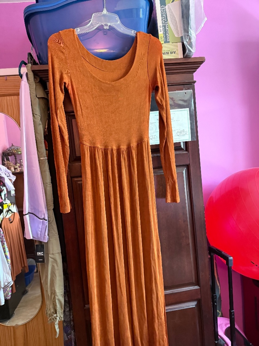 Betsey Johnson Vintage 90s Large Slinky Maxi Dress Rust Double Slit Scoop Neck